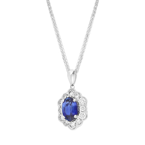 18ct White Gold Sapphire Diamond Cluster Oval Pendant