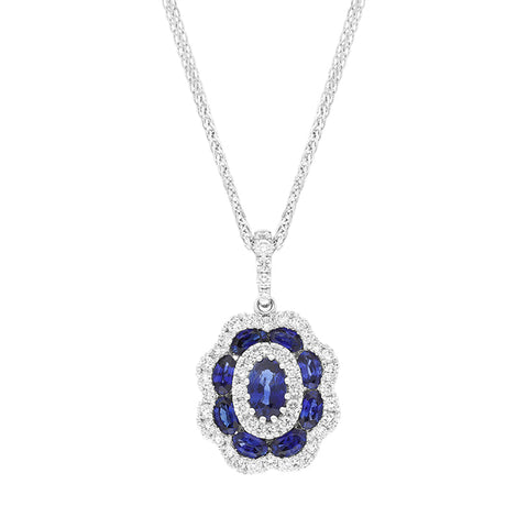 18ct White Gold Sapphire Diamond Cluster Oval Pendant, FEU-2608.