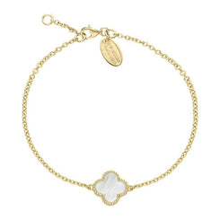18ct Yellow Gold WHITE MOP Bloom Four Leaf Clover Ball Edge Chain Bracelet, B1154