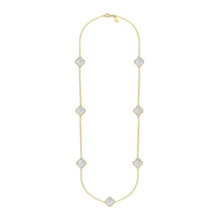 18ct Yellow Gold WHITE MOP Bloom Four Leaf Clover Ball Edge Long Necklace, N1040