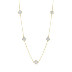 18ct Yellow Gold White Mother of Pearl Bloom Four Leaf Clover Ball Edge Necklace