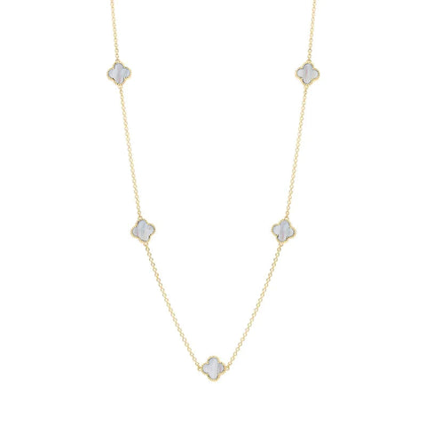 18ct Yellow Gold White Mother of Pearl Bloom Four Leaf Clover Ball Edge Necklace