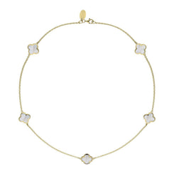 18ct Yellow Gold White Mother of Pearl Bloom Four Leaf Clover Necklace