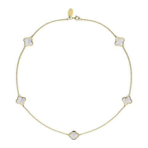 18ct Yellow Gold White Mother of Pearl Bloom Four Leaf Clover Necklace