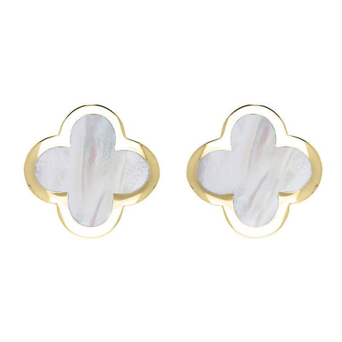 18ct Yellow Gold WHITE MOP Bloom Four Leaf Clover Stud Earrings, E2465