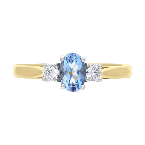 18ct Yellow Gold 0.47ct Aquamarine 0.14ct Diamond Three Stone Ring
