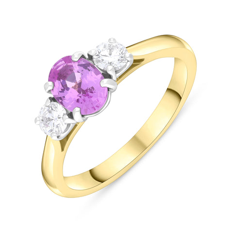 18ct Yellow Gold 0.93ct Pink Sapphire 0.33 Diamond Trilogy Ring