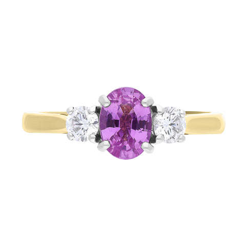 18ct Yellow Gold 0.93ct Pink Sapphire 0.33 Diamond Trilogy Ring