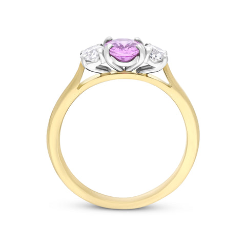 18ct Yellow Gold 0.93ct Pink Sapphire 0.33 Diamond Trilogy Ring