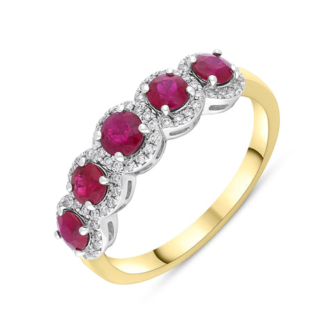 18ct Yellow Gold 0.88ct Ruby 0.15ct Diamond Cluster Ring, FEU-3011