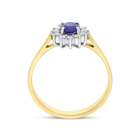 18ct Yellow Gold 0.43ct Sapphire 0.12ct Diamond Oval Claw Cluster Ring