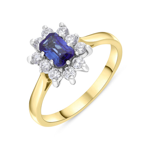 18ct Yellow Gold 0.62ct Sapphire 0.37ct Diamond Emerald Cut Cluster Ring