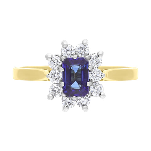 18ct Yellow Gold 0.62ct Sapphire 0.37ct Diamond Emerald Cut Cluster Ring