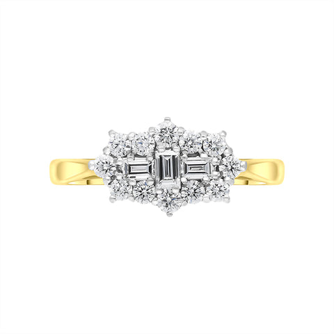 18ct Yellow Gold 0.60ct Diamond Baguette Cut Vintage Style Cluster Ring