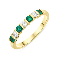 18ct Yellow Gold Emerald Diamond Seven Stone Bar Set Half Eternity Ring, FEU-2592.