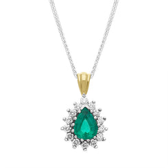 18ct Yellow Gold Emerald Diamond Cluster Pear Pendant, FEU-2609.