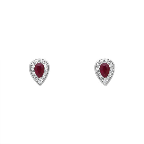 18ct Yellow Gold Ruby Diamond Pear Stud Earrings, FEU-2600.