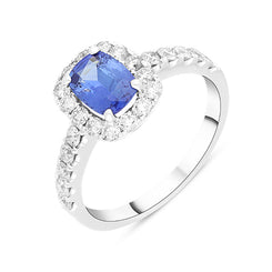 18ct White Gold 0.65ct Sapphire Diamond Halo Shoulder Set Ring, FEU-2662.