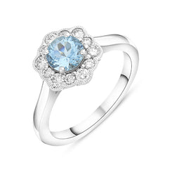 18ct White Gold 0.72ct Aquamarine Diamond Halo Ring, FEU-2691.