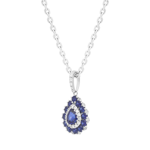 18ct White Gold 0.84ct Sapphire Diamond Cluster Pear Necklace