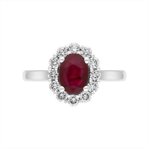 18ct White Gold 0.98ct Ruby Diamond Oval Cluster Halo Ring