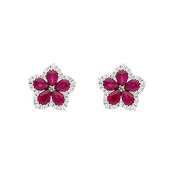 18ct White Gold Ruby Diamond Pear Cluster Flower Stud Earrings, FEU-2622.