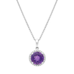 18ct White Gold Amethyst Diamond Round Cluster Pendant, FEU-2620.