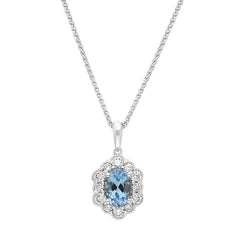 18ct White Gold Aquamarine Diamond Cluster Oval Pendant, FEU-2640.
