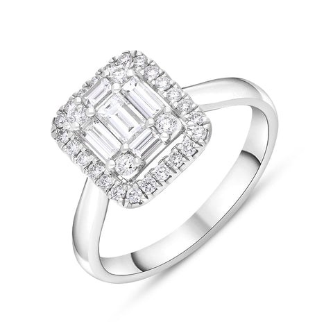 18ct White Gold Diamond Baguette Cut Vintage Style Cluster Ring FEU-2371.
