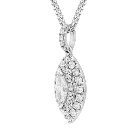 18ct White Gold Diamond Marquise Cut Two Row Cluster Pendant Necklace