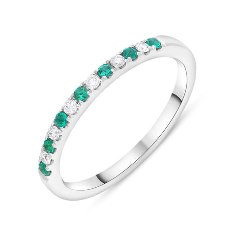 18ct White Gold Emerald Diamond Castle Set Half Eternity Ring FEU-2833