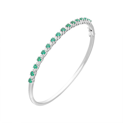 18ct White Gold Emerald Diamond Hinged Bangle FEU-2831