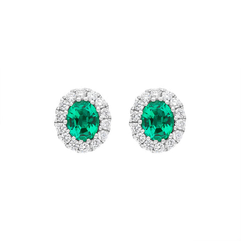 18ct White Gold Emerald Diamond Oval Cluster Stud Earrings, FEU-2613.