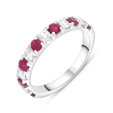 18ct White Gold Ruby Diamond Castle Claw Set Half Eternity Ring FEU-2845
