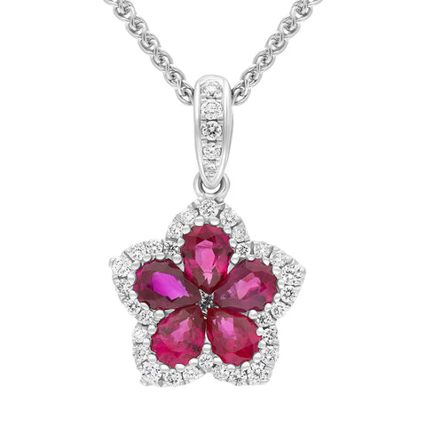 18ct White Gold Ruby Diamond Cluster Pear Cut Flower Pendant FEU-2774