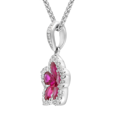 18ct White Gold Ruby Diamond Cluster Pear Cut Flower Pendant