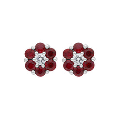 18ct White Gold Ruby Diamond Flower Stud Earrings, FEU-2623.