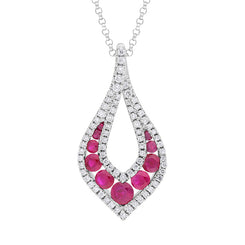 18ct White Gold Ruby Diamond Open Teardrop Pendant Necklace FEU-2737