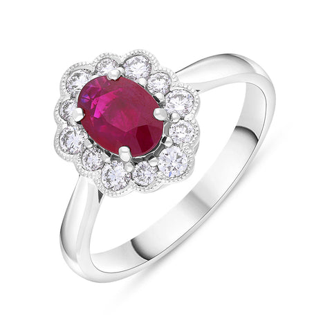 18ct White Gold Ruby Diamond Oval Cut Cluster Ring FEU-2813