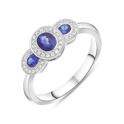 18ct White Gold Sapphire Diamond Pave Triple Cluster Ring, FEU-2624.