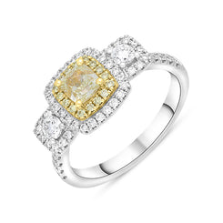 18ct White Gold Yellow and White Diamond Triple Cluster Ring FEU-2658