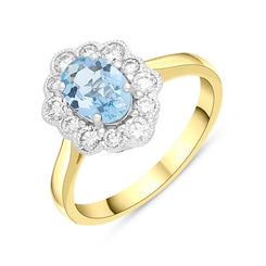 18ct Yellow Gold 0.67ct Aquamarine Diamond Halo Ring, FEU-2713.