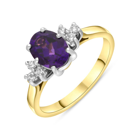 18ct Yellow Gold 1.01ct Amethyst Diamond Cluster Oval Cut Ring FEU-2766