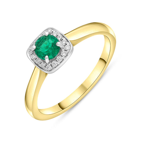 18ct Yellow Gold Emerald Diamond Pave Vintage Style Cushion Cluster Ring, FEU-2478