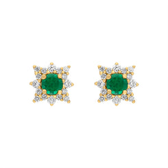 18ct Yellow Gold Emerald Diamond Star Cluster Stud Earrings, FEU-2512.