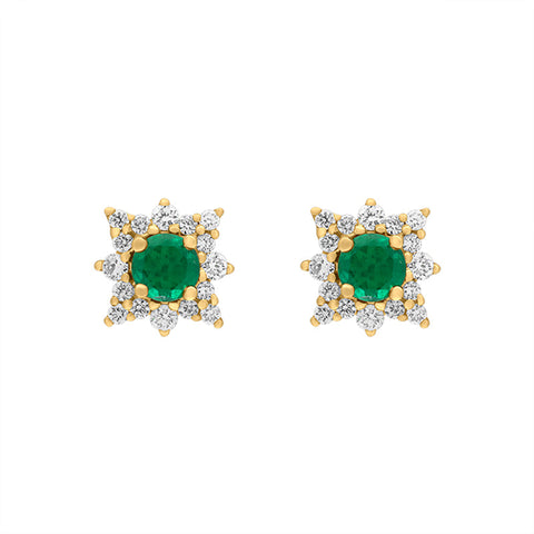 18ct Yellow Gold Emerald Diamond Star Cluster Stud Earrings, FEU-2512.