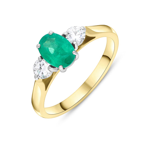 18ct Yellow Gold Emerald Diamond Three Stone Ring FEU-2847