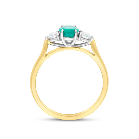 18ct Yellow Gold Emerald Diamond Three Stone Ring