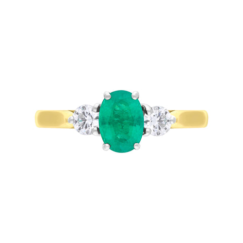 18ct Yellow Gold Emerald Diamond Three Stone Ring