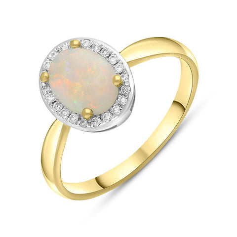 18ct Yellow Gold Opal Diamond Oval Cluster Ring, FEU-2234